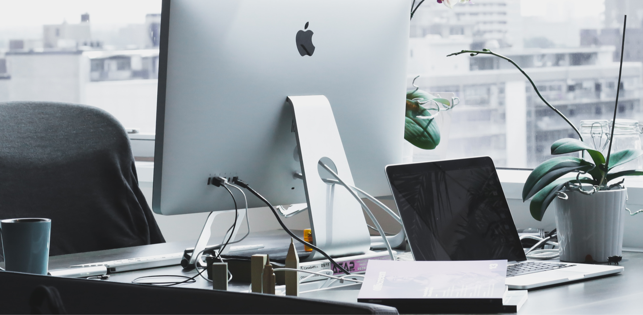 Ein Schreibtisch in einem modern eingerichteten Büro, darauf ein Apple iMac, ein Apple MacBook und eine Pflanze.